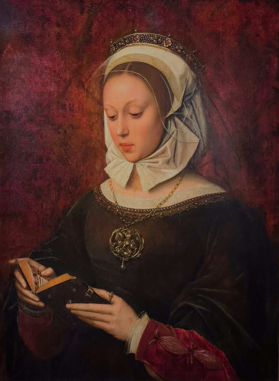 Nuori nainen rukoilemassa, lukemassa tuntikirjaa, n. 1520-1530 (Öljy puulle) tekijältä Ambrosius Benson