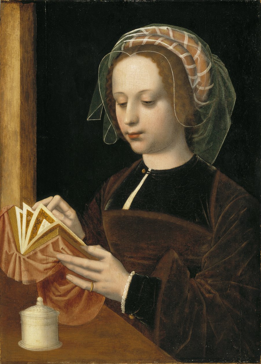 Marie Madeleine lisant - Mary Magdalene Reading, kirjoittanut Benson, Ambrosius (1495-1550). Öljy puulle. Mitat: 49 x 35 cm. Tukholman kansallismuseo tekijältä Ambrosius Benson