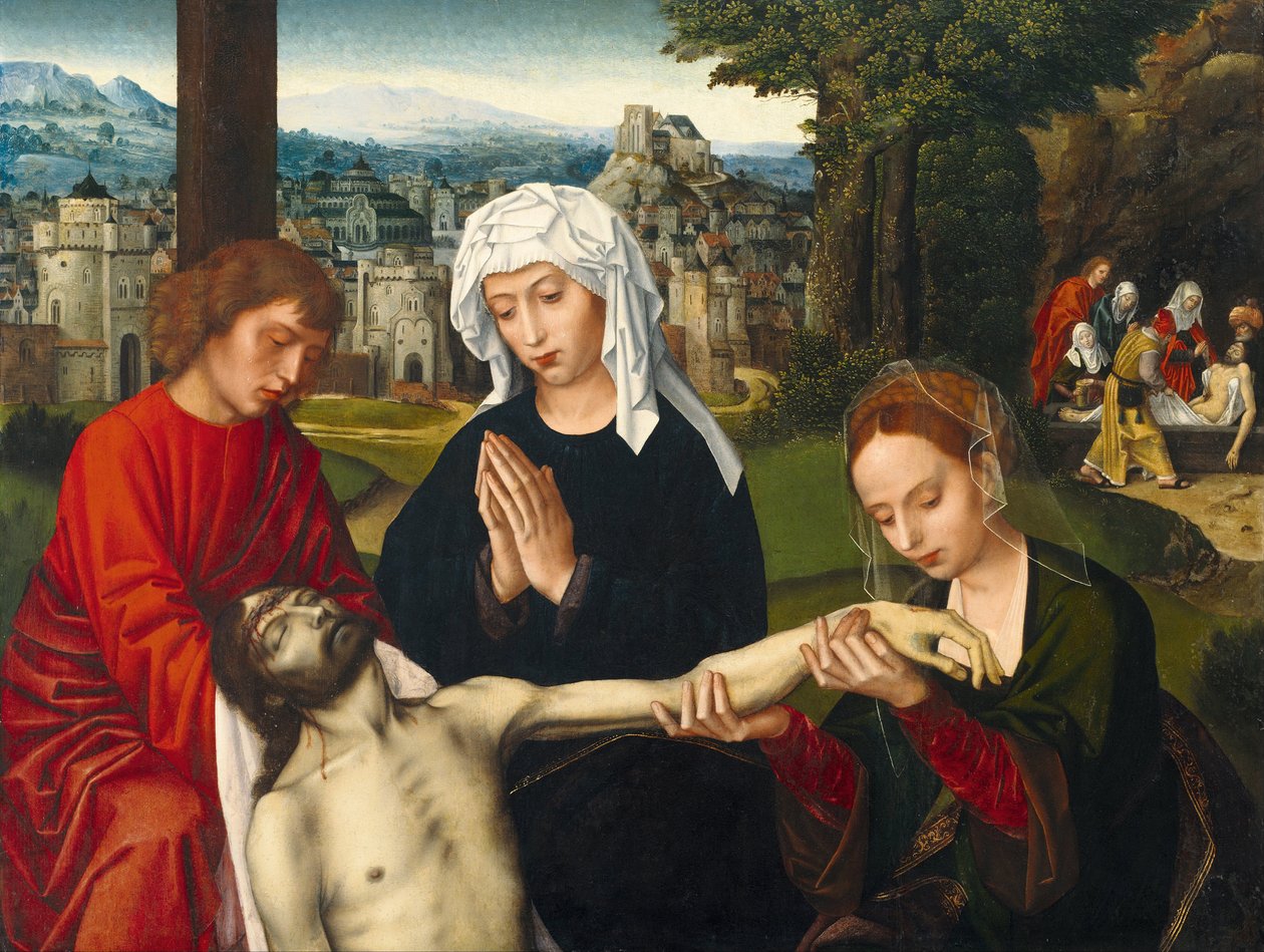 Pietà ristin juurella, noin 1530 tekijältä Ambrosius Benson