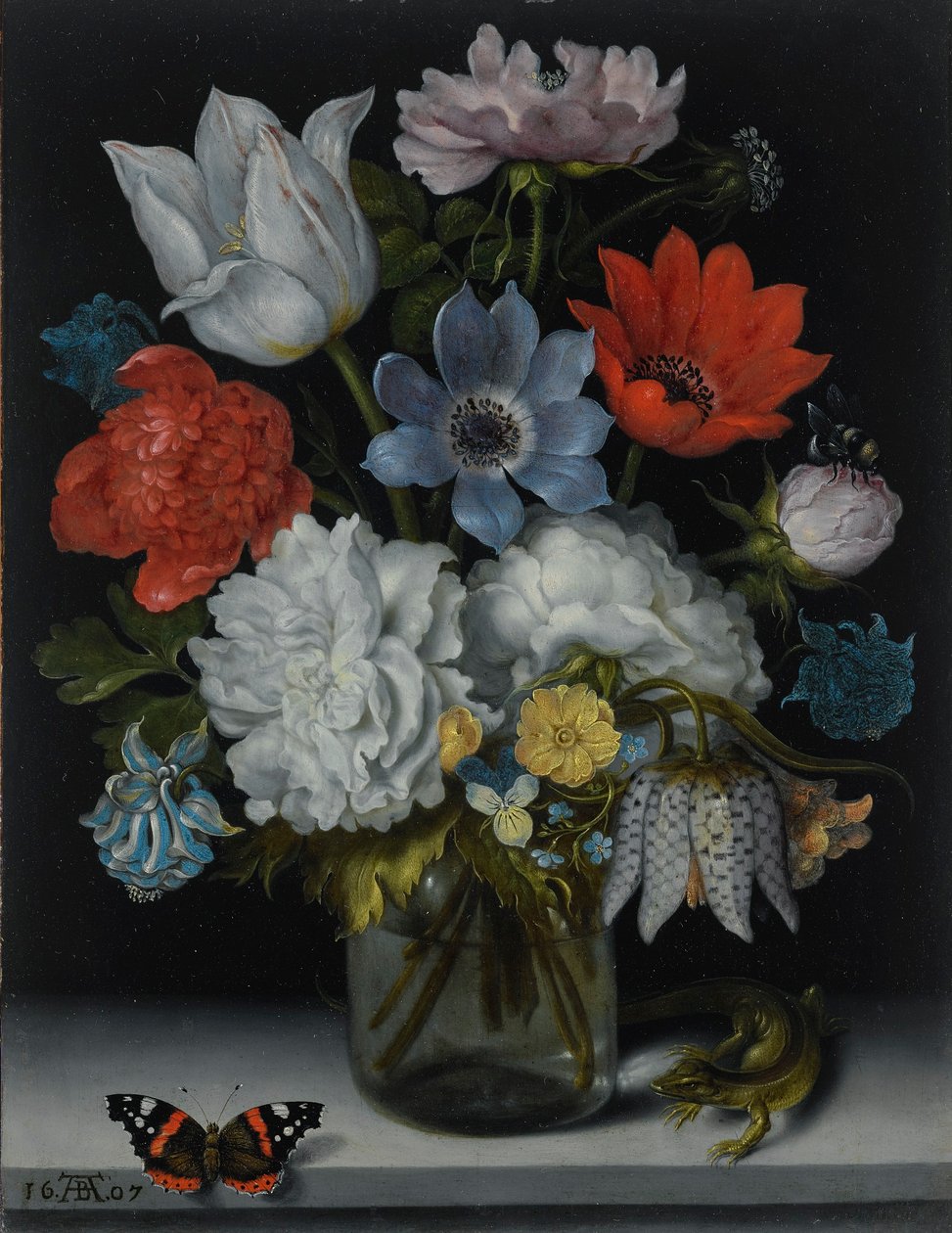 Dutch: Flowers in a Glass Flask on a Marble Ledge, Flanked by a Red Admiral Butterfly and a Lizard A Still Life of Flowers in a Glass Flask on a Marble Ledge, Flanked by a Red Admiral Butterfly and a Lizard tekijältä Ambrosius Bosschaert