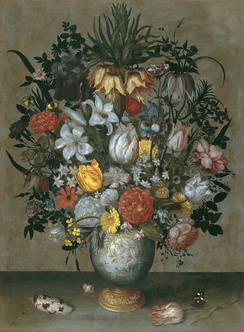 Kiinalainen maljakko kukilla, kuorilla ja hyönteisillä tekijältä Ambrosius Bosschaert the Elder