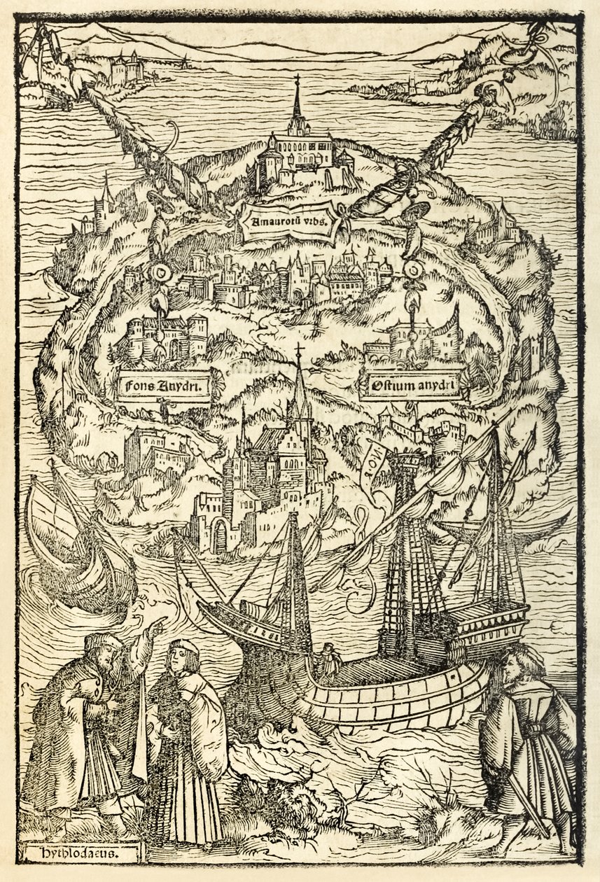 Utopian Uuden saaren kartta Sir Thomas Moren (1478-1535) Utopian vuoden 1518 painoksesta, julkaistu ensimmäisen kerran vuonna 1516. Ambrosius Holbeinin (n. 1494-n. 1519) puupiirros, jossa saari päähenkilöineen tekijältä Ambrosius Holbein