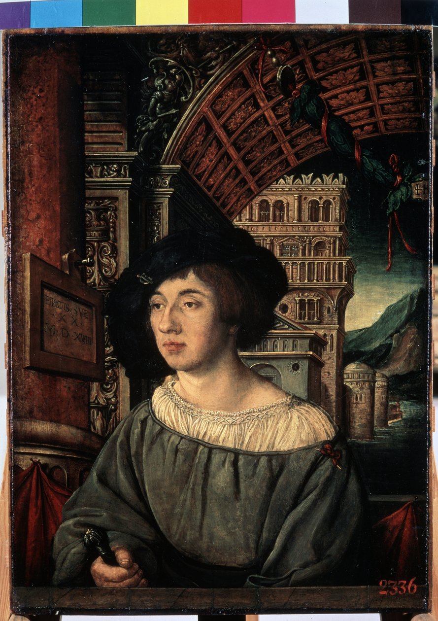 ""Nuoren miehen muotokuva"" Korkea-arvoinen hahmo, renessanssityylisessä sisustuksessa. Ambrosius Holbeinin maalaus (1494-noin 1520) 1518 Mitat 44x32,5 cm Eremitaaši, Pietari tekijältä Ambrosius Holbein