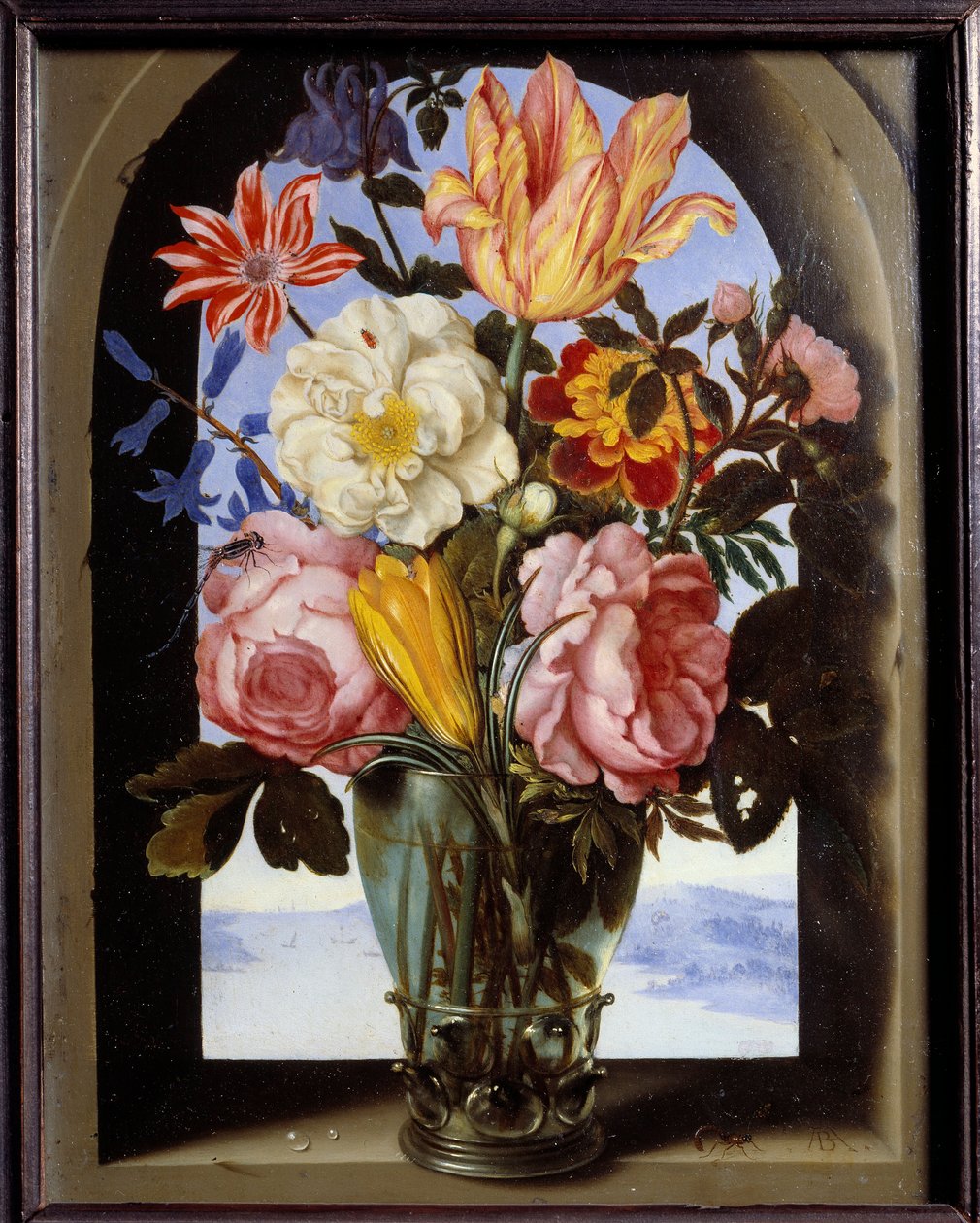 Kukkakimppu kivikehyksessä, joka avautuu maisemaan Ambrosius Bosschaertin (1573-1621) maalaus tekijältä Ambrosius the Elder Bosschaert