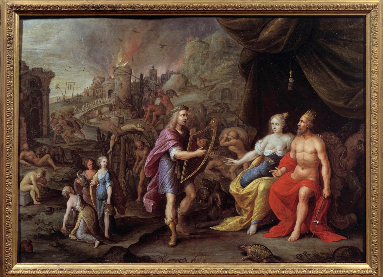 Orpheen edustus alamaailmassa Orphe pyytää lyyrallaan Zeukselta lupaa liittyä Eurydikeen alamaailmassa. Ambrosius Franckenin (1544-1618) maalaus 1600-luvulta Nimes, Kuvataidemuseo. tekijältä Ambrosius the Elder Francken or Franck