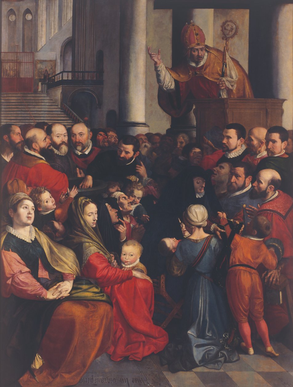 Pyhä Eligius saarnaa Antwerpenissä (öljy paneelille) tekijältä Ambrosius the Elder Francken or Franck