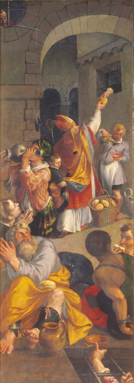 Saint Eligius vierailee vankien luona (öljy paneelissa) tekijältä Ambrosius the Elder Francken or Franck