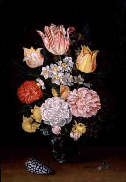 Kukkien asetelma kuorella (öljy paneelissa) tekijältä Ambrosius the Younger Bosschaert