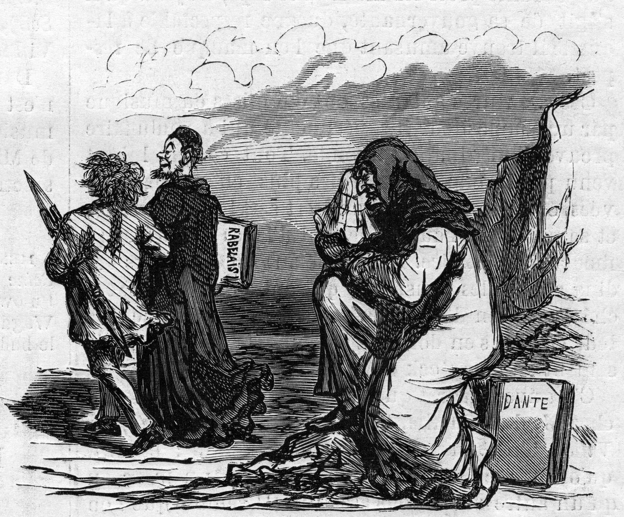 Köyhä Dante alkaa itkeä, kun hän näkee Gustave Doren käsivarsi-ja käsivarsi alaspäin tuon pienen Rabelais-miehen kanssa. Sarjakuva Chamista. Kaiverrus "" Le Monde Illustré" -julkaisussa nro 821, 4. tammikuuta tekijältä Amédée de Noé