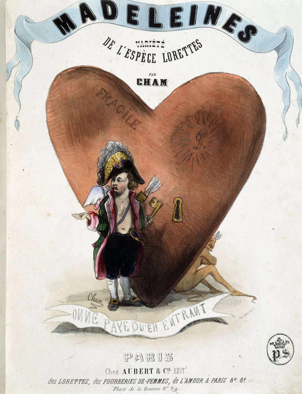 Maksaa vain sisään astuessa (karikatyyri Cupidosta (Eros) paholaisen kätkevän sydämen edessä) - Chamin "" Madeleines" -kirjassa, v.1870-1880 tekijältä Amédée de Noé