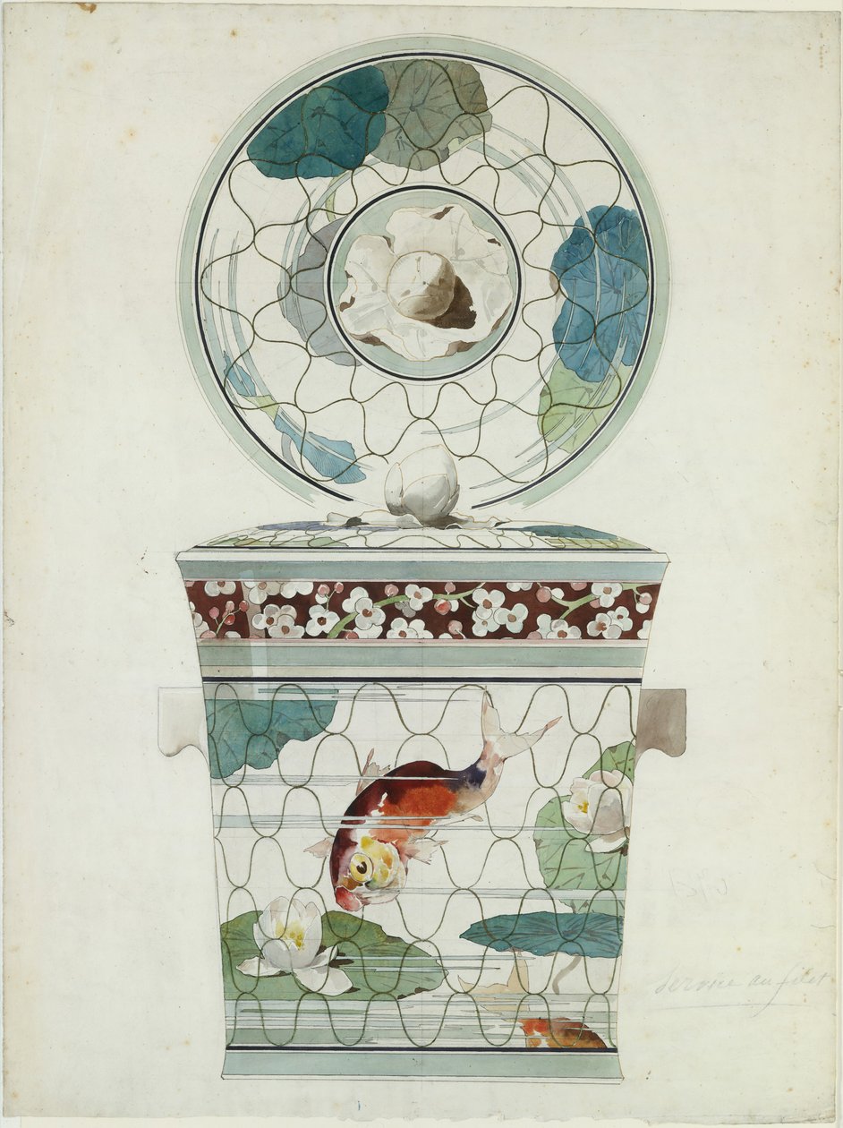 Suunnittelu kannelliselle lautaselle palvelussa au Filet Fish Net Ware..., 1875-85. tekijältä Amédée de Caranza.