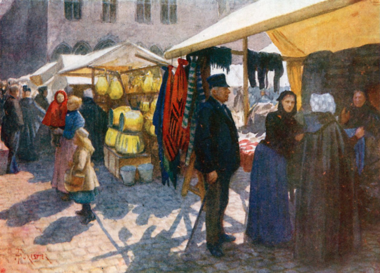 Grande Placen torin kulma, Brugge (värilitografia) tekijältä Amedee (after) Forestier