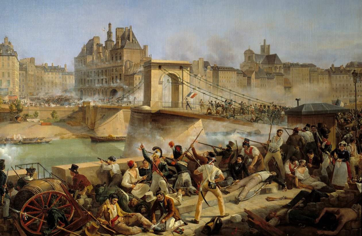 Vuoden 1830 vallankumous, heinäkuun päivä: hyökkäys Hotel de Ville de Parisiin ja taistelu Arcolen sillalla, 28. heinäkuuta 1830 (öljy kankaalle) tekijältä Amédée Bourgeois