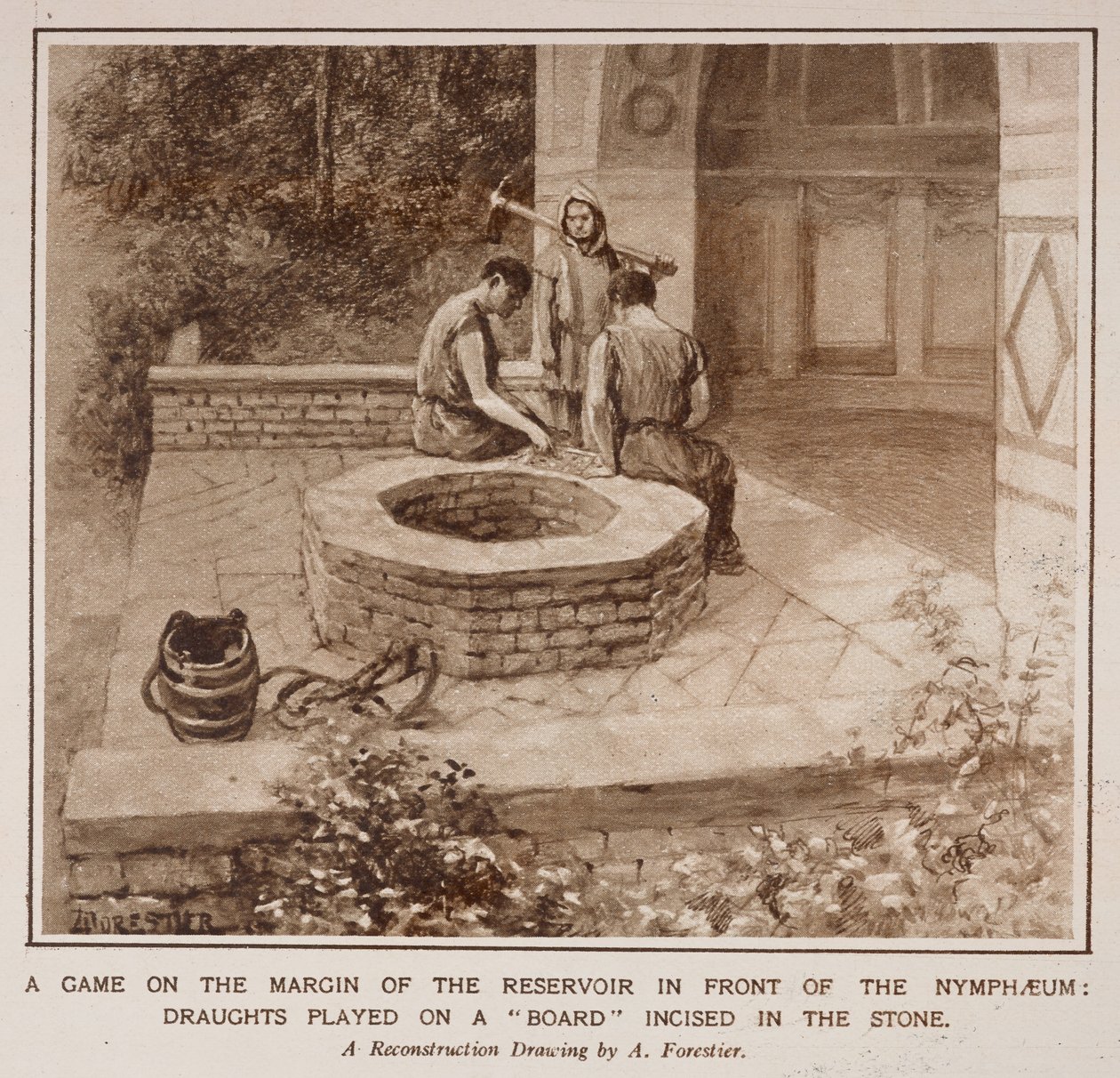 Peli Nymphaeumin edessä olevan säiliön reunalla, artikkelista "The Country Life of the Romans in England" Illustrated London Newsissa tekijältä Amedee Forestier