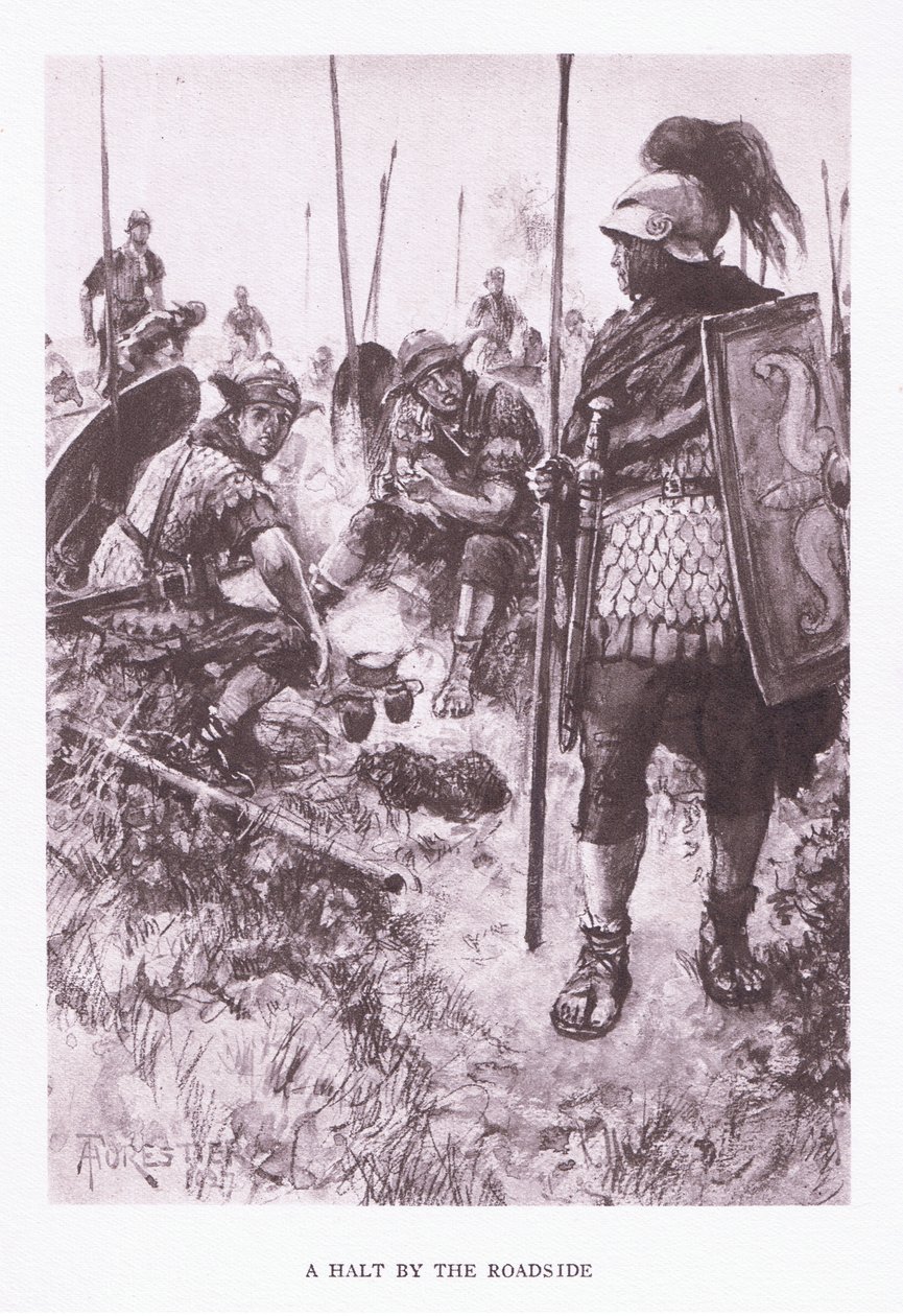 Pysähdys tien varrella, kuvitus teoksesta The Roman Soldier, 1928 tekijältä Amedee Forestier