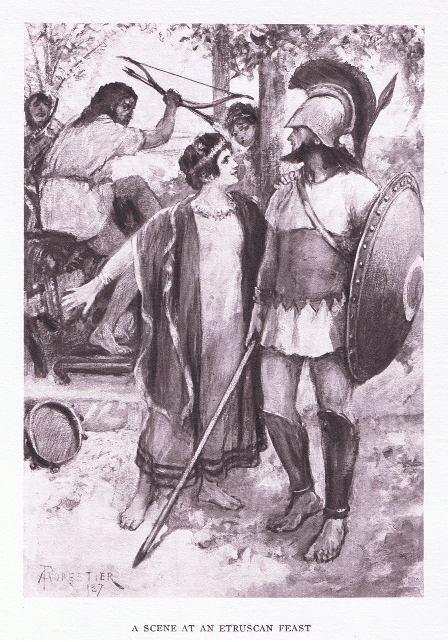 Kohtaus etruskien juhlasta, kuvitus elokuvasta The Roman Soldier, 1928 tekijältä Amedee Forestier