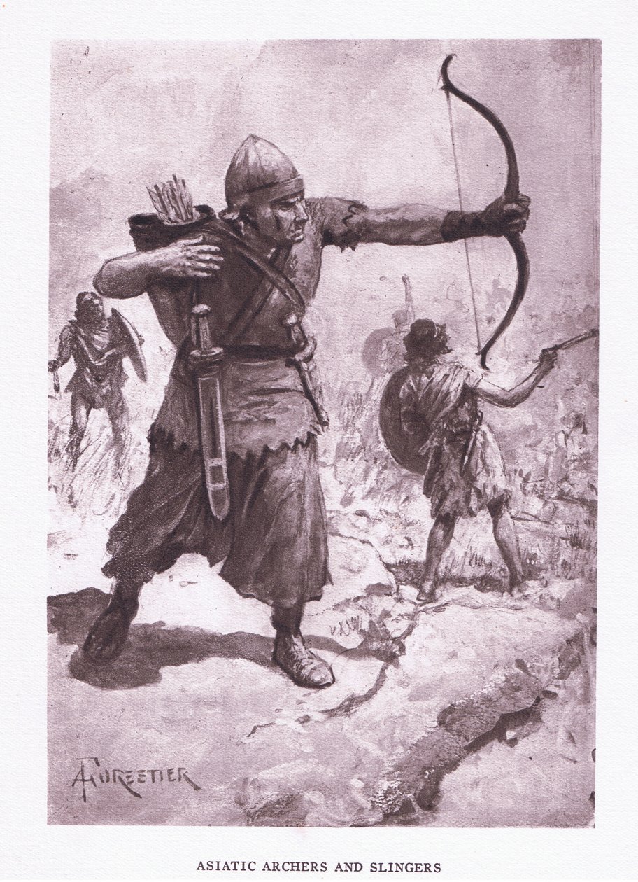 Aasialaisia jousiampujia ja slingereita, kuvitus teoksesta The Roman Soldier, 1928. tekijältä Amedee Forestier