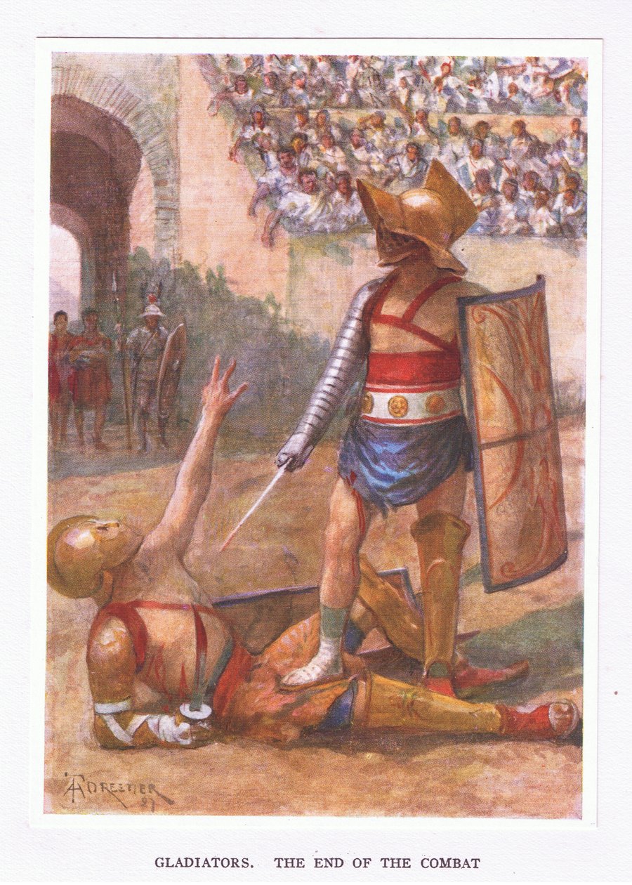Gladiaattorit, taistelun loppu, kuvitus teoksesta The Roman Soldier, 1928 tekijältä Amedee Forestier