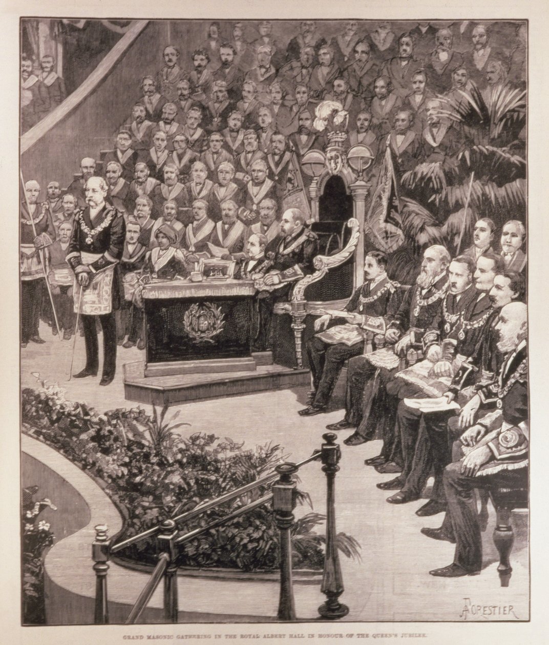 Suuri vapaamuurarien kokoontuminen Royal Albert Hallissa kuningattaren juhlavuoden kunniaksi, "The Illustrated London News", 18. kesäkuuta 1887 tekijältä Amedee Forestier