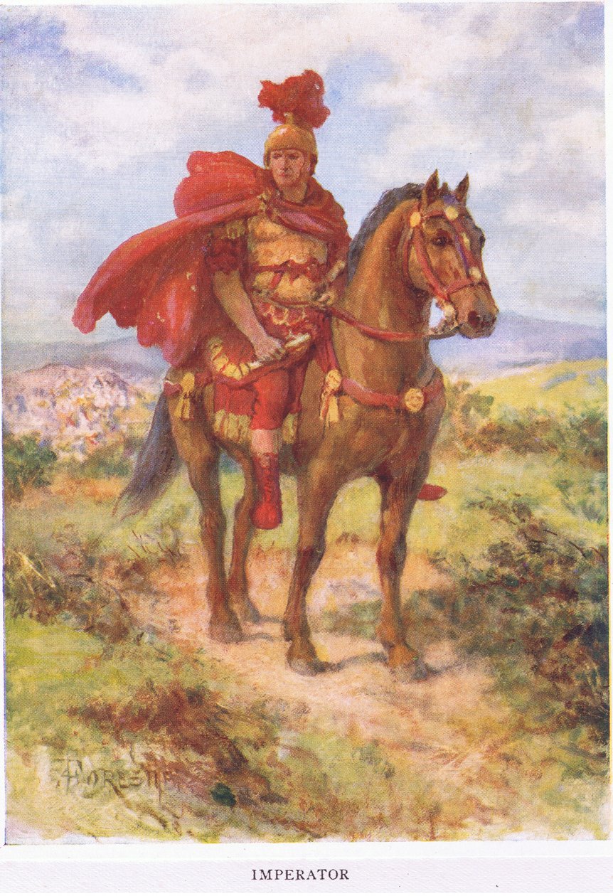 Imperator: oli alun perin täällä, voittaja roomalainen kenraali tervehti hänen sotilaat kentällä. Myöhemmin otsikko varattiin vain keisareille, kuvitus Roomalaisen sotilaan vuodelta 1928 (colou tekijältä Amedee Forestier