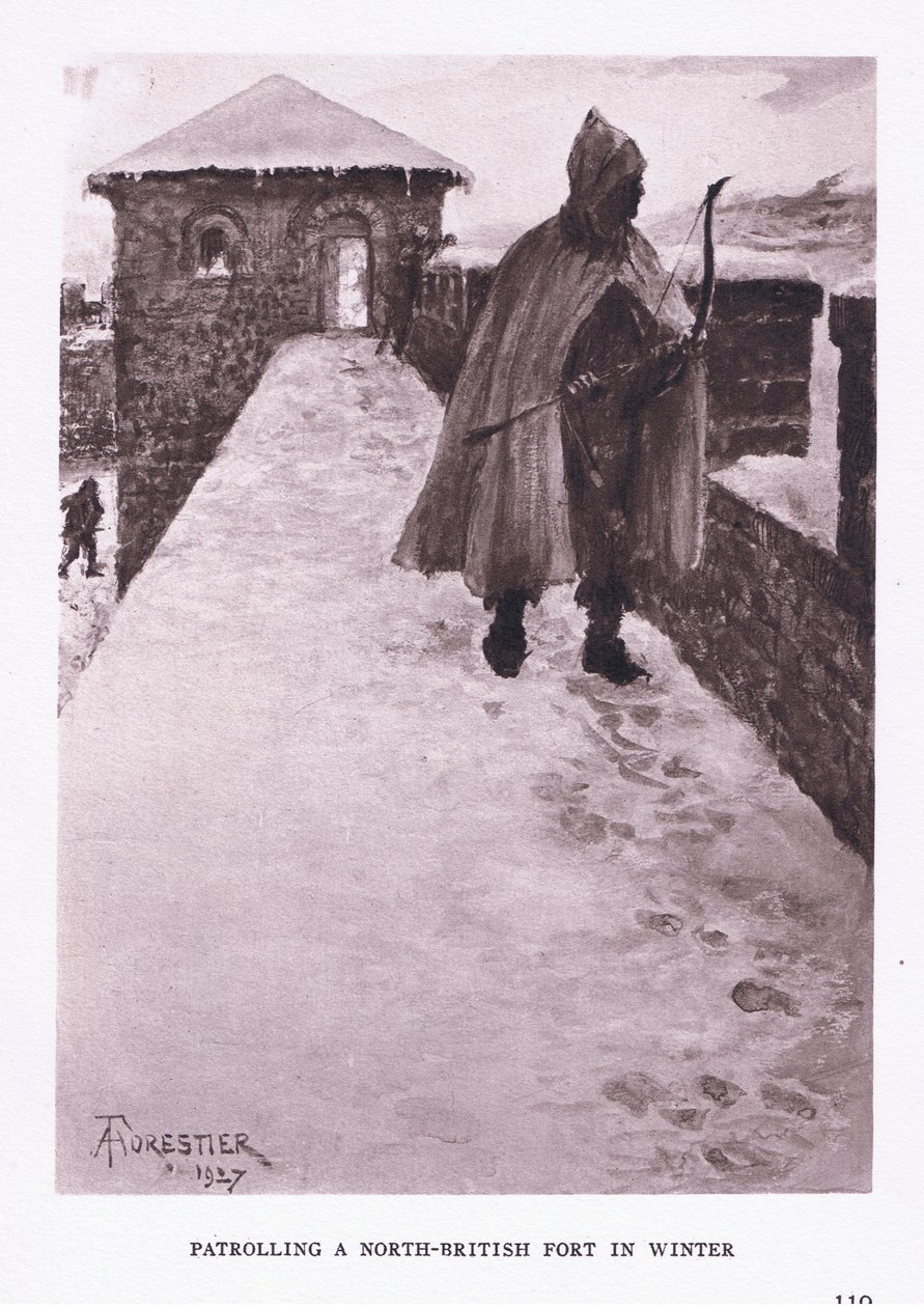 Partioi Pohjois-Britannian linnoituksessa talvella, kuvitus teoksesta The Roman Soldier, 1928 tekijältä Amedee Forestier