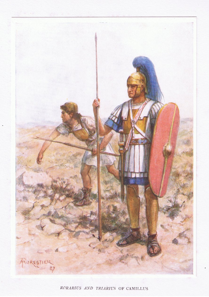 Rorarius ja Triarius Camilluksessa, kuvitus teoksesta The Roman Soldier, 1928 tekijältä Amedee Forestier