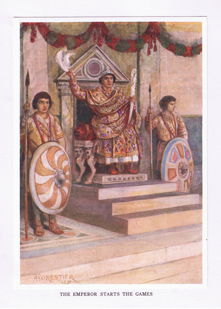Keisari aloitti pelit, kuvitus teoksesta The Roman Soldier, 1928 tekijältä Amedee Forestier