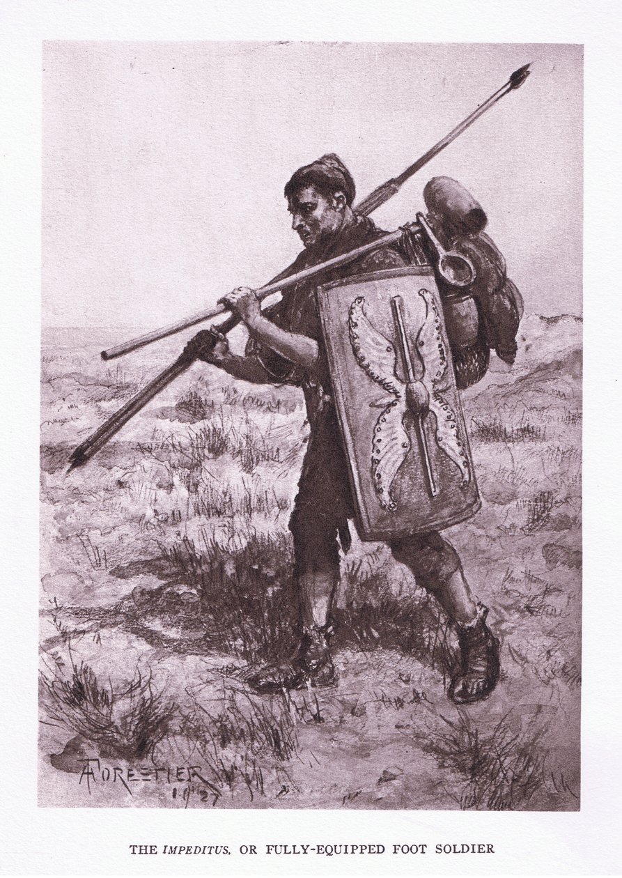 Impeditus eli täysin varusteltu jalkasotilas, kuvitus teoksesta The Roman Soldier, 1928 tekijältä Amedee Forestier