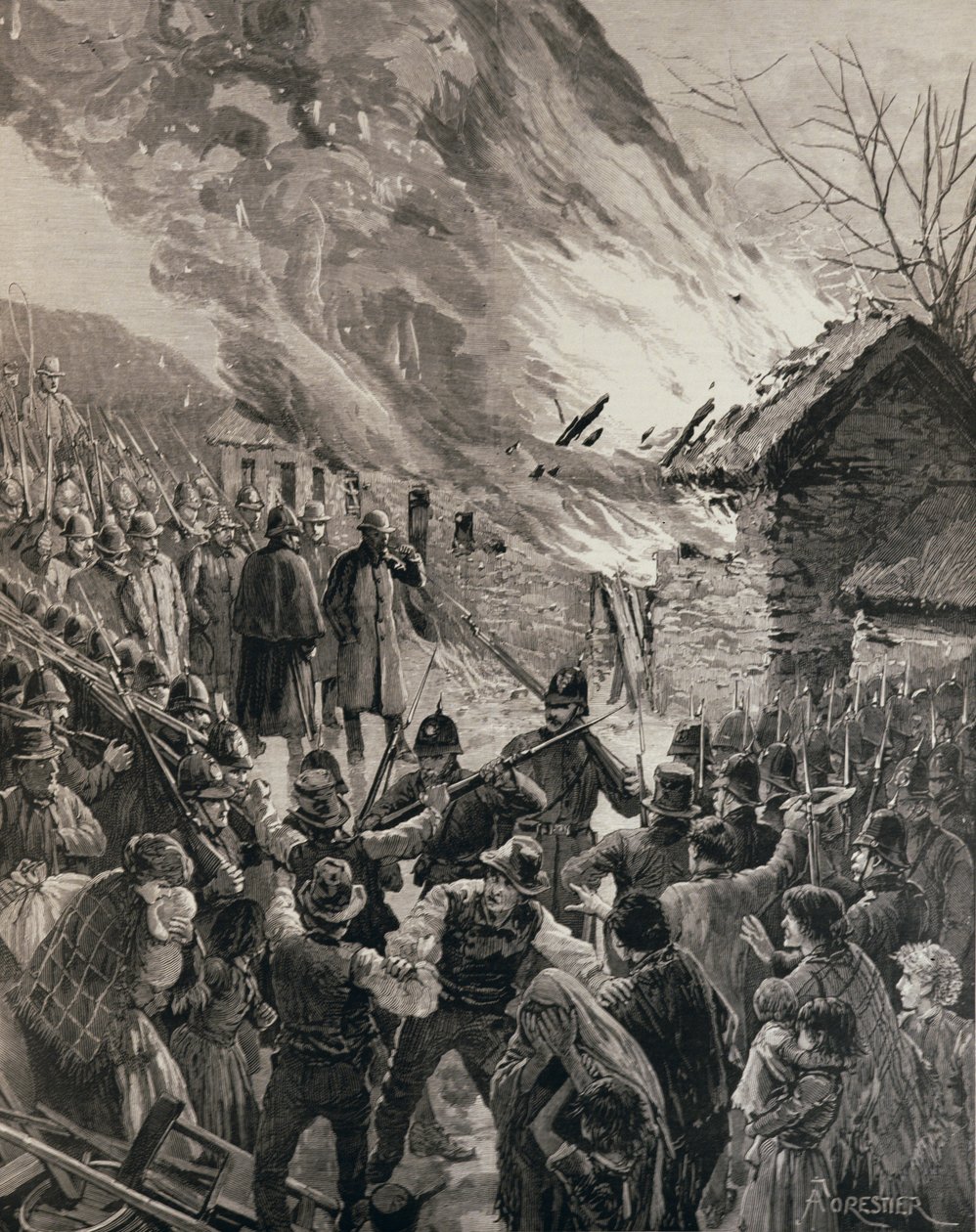 Vuokrasota Irlannissa: Häädettyjen vuokralaisten talojen polttaminen Glenbeighissä, Derryn kreivikunnassa, kuva "The Illustrated London News", 29. tammikuuta 1887 tekijältä Amedee Forestier