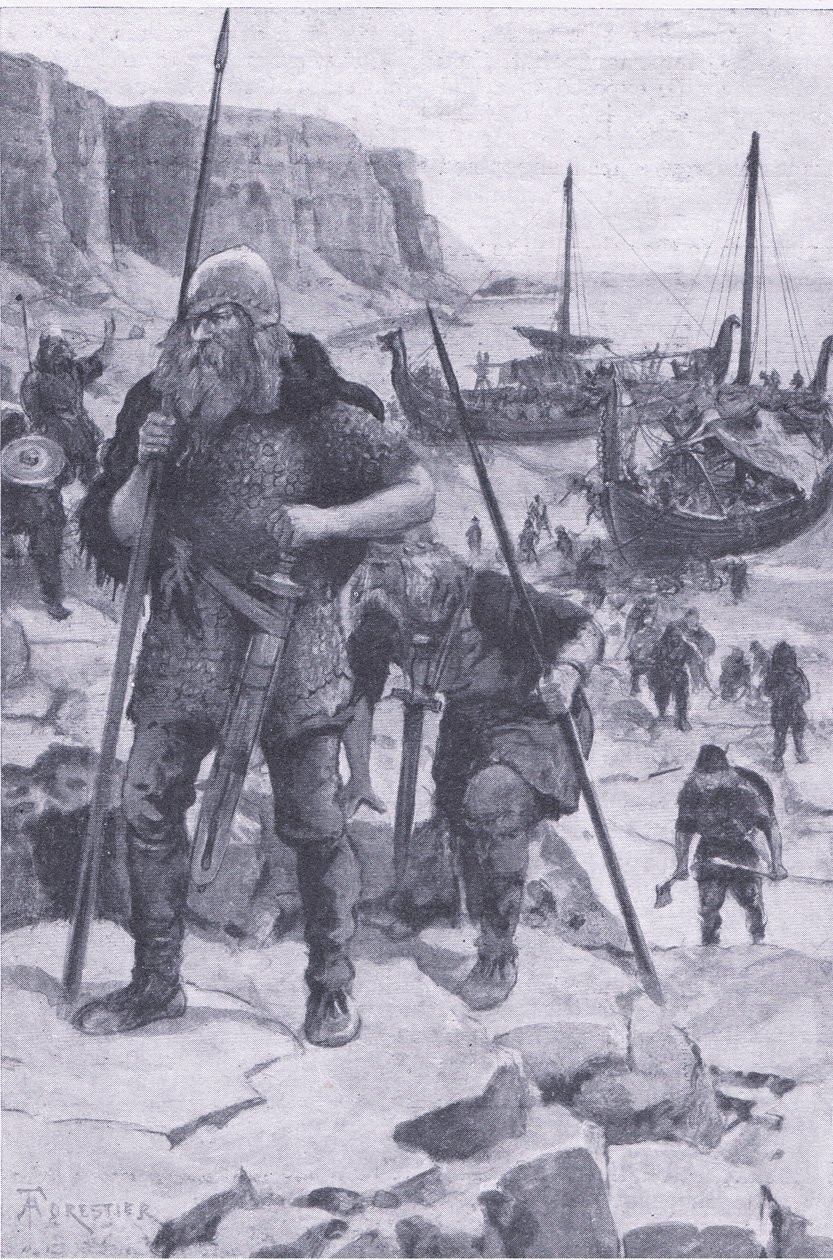 Viikingit löytävät Amerikan, My Magazine, pub.1922 (litho) tekijältä Amedee Forestier
