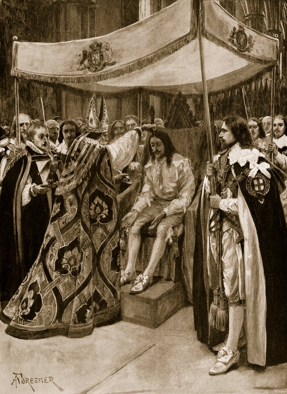 Charles I:n voitelu Canterburyn arkkipiispa George Abbotin toimesta Westminster Abbeyssa kynttilänpäivänä vuonna 1626 The Illustrated London Newsista, 1902 tekijältä Amedee Forestier