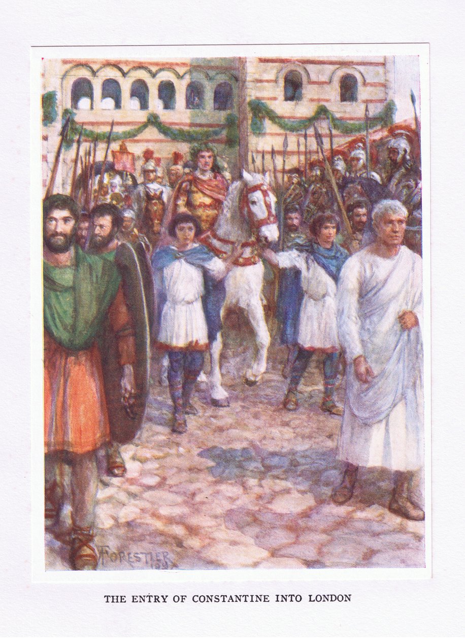 Constantinuksen tulo Lontooseen, kuvitus teoksesta The Roman Soldier, 1928 tekijältä Amedee Forestier