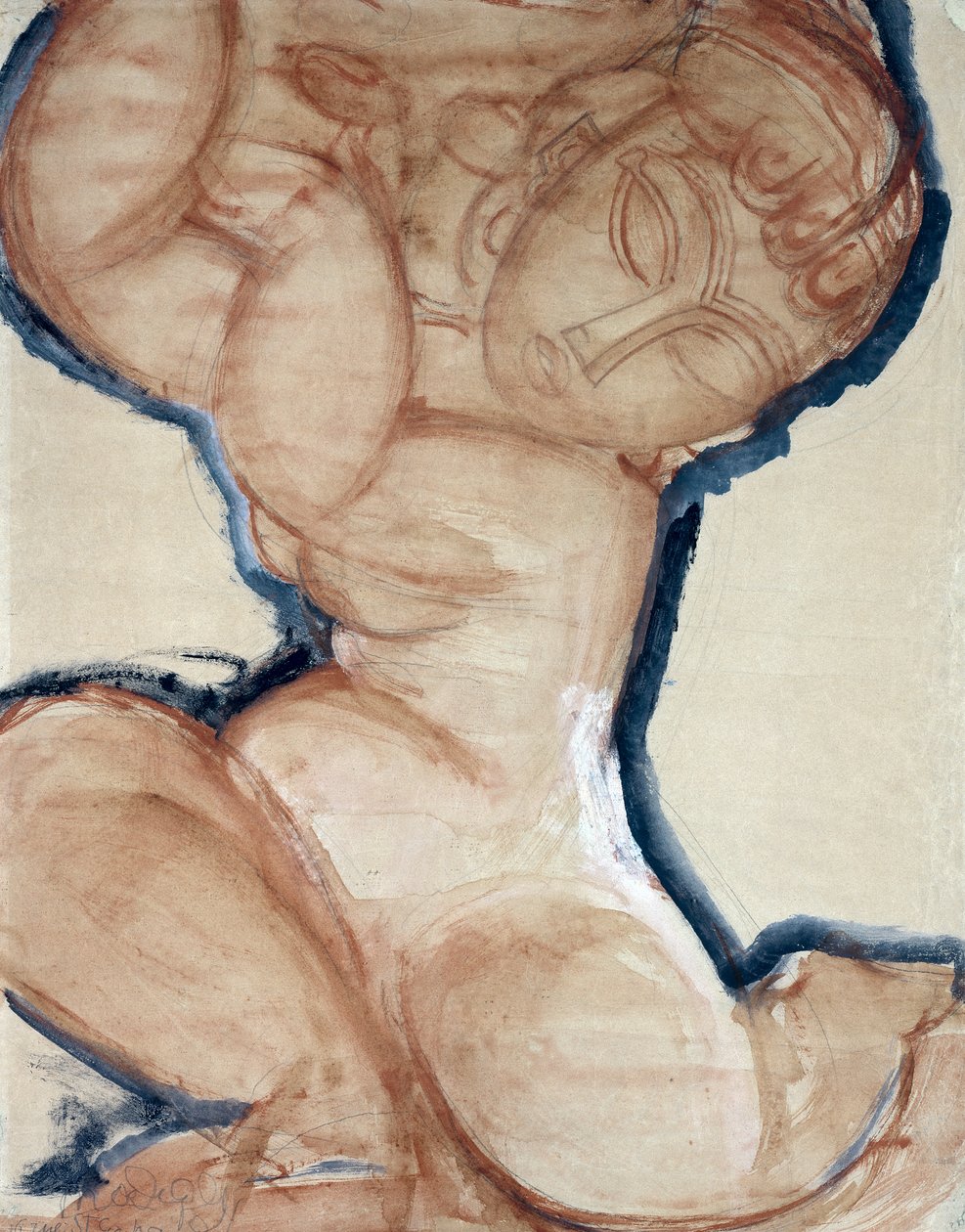 Vaaleanpunainen karyatidi sinisellä reunuksella, n. 1913 tekijältä Amedeo Modigliani
