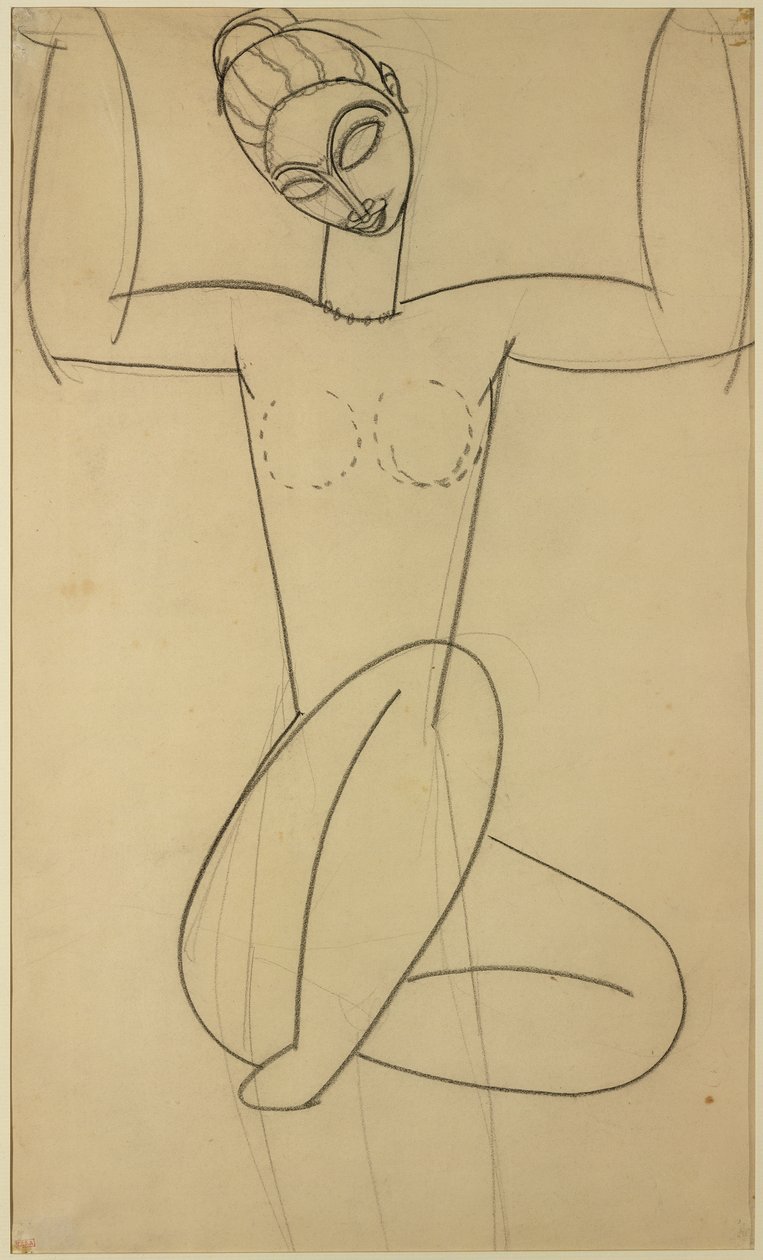 Istuva karyatidi, n. 1911 (hiili paperilla) tekijältä Amedeo Modigliani