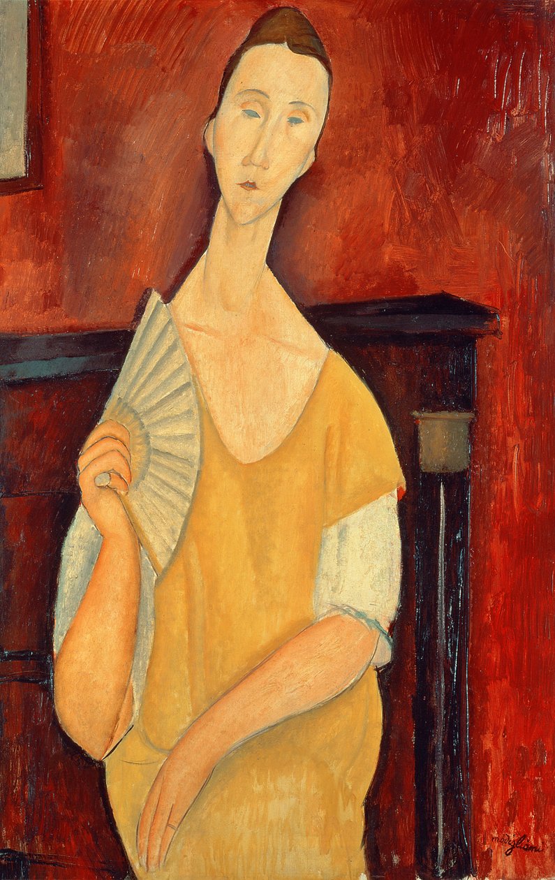 Nainen tuulettimen kanssa (Lunia Czechowska) 1919 tekijältä Amedeo Modigliani