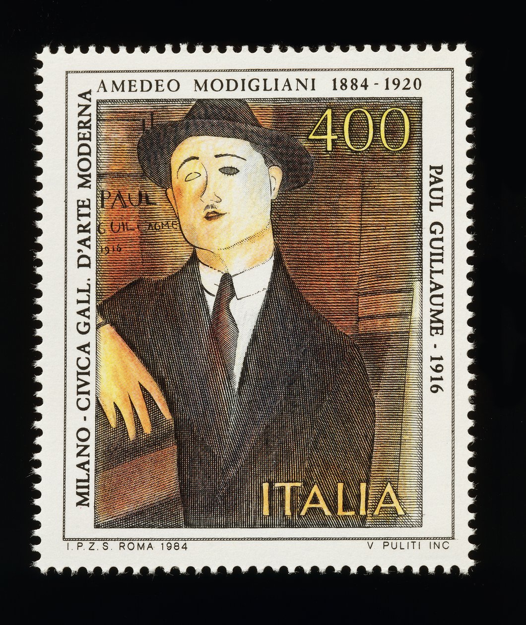 Postimerkki italialaisesta taidesarjasta Amedeo Modiglianin (1884-1920) kunniaksi, kuvaa Paul Guillaumen muotokuvaa (1916), 400 liiran postimerkki tekijältä Amadeo (after) Modigliani