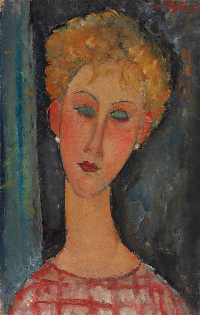 Blondi nainen kiharat hiukset; Blondi korvakoruineen, n. 1918-1919 tekijältä Amedeo Modigliani