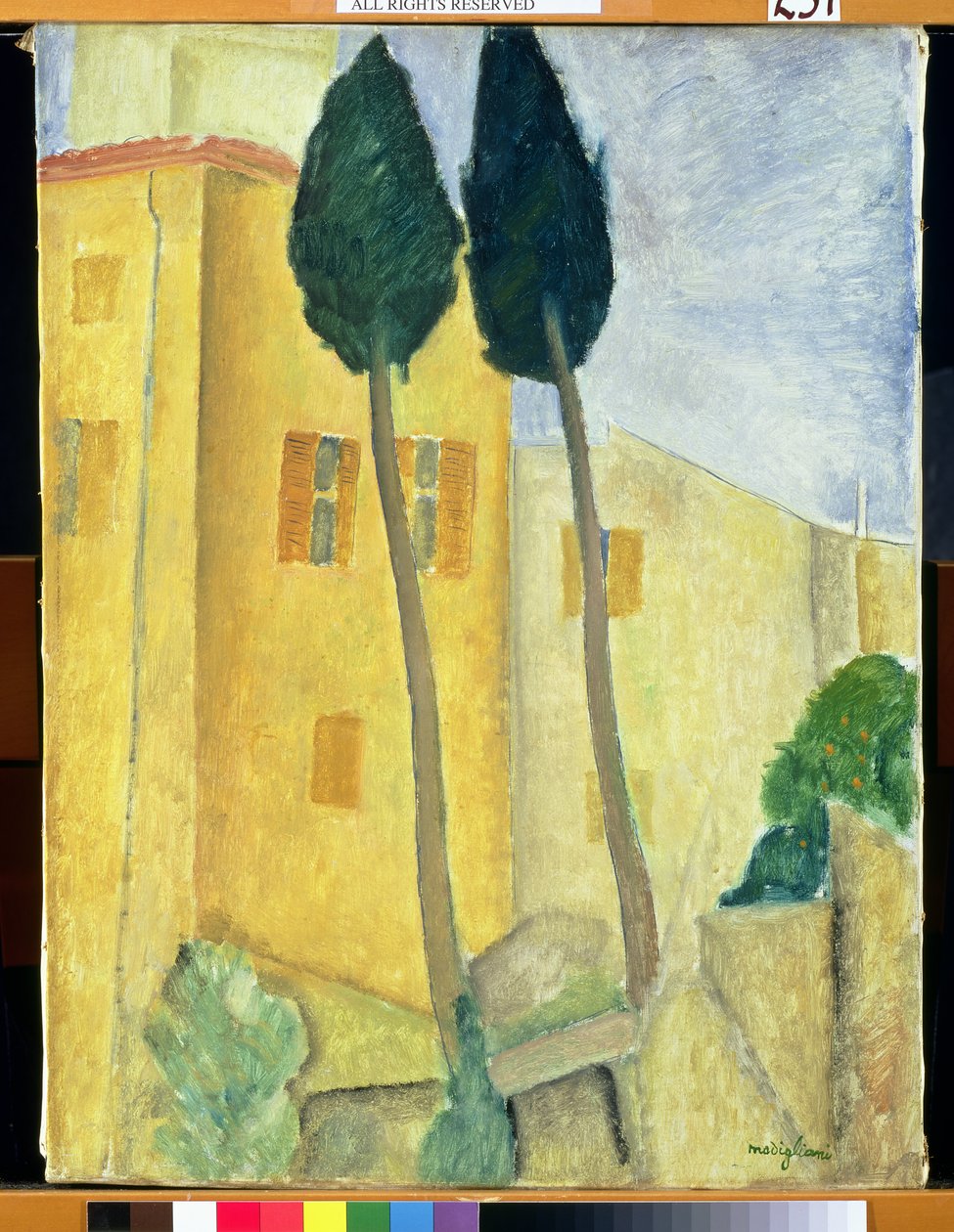 Sypressipuut ja talo, 1919 tekijältä Amedeo Modigliani