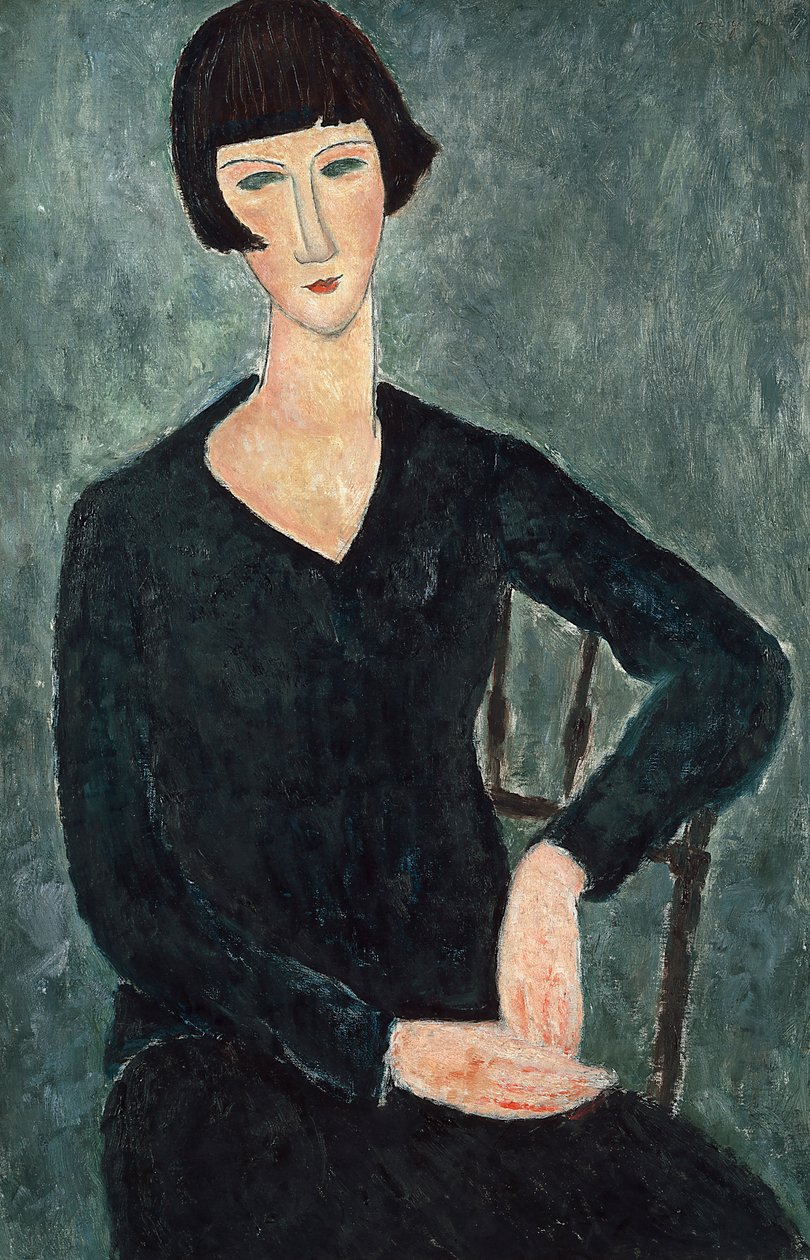 Nainen istuu sinisessä mekossa, 1918-1919. tekijältä Amedeo Modigliani