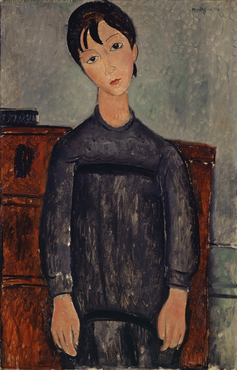 Tyttö seisoo mustassa pinaforessa, 1918 tekijältä Amedeo Modigliani