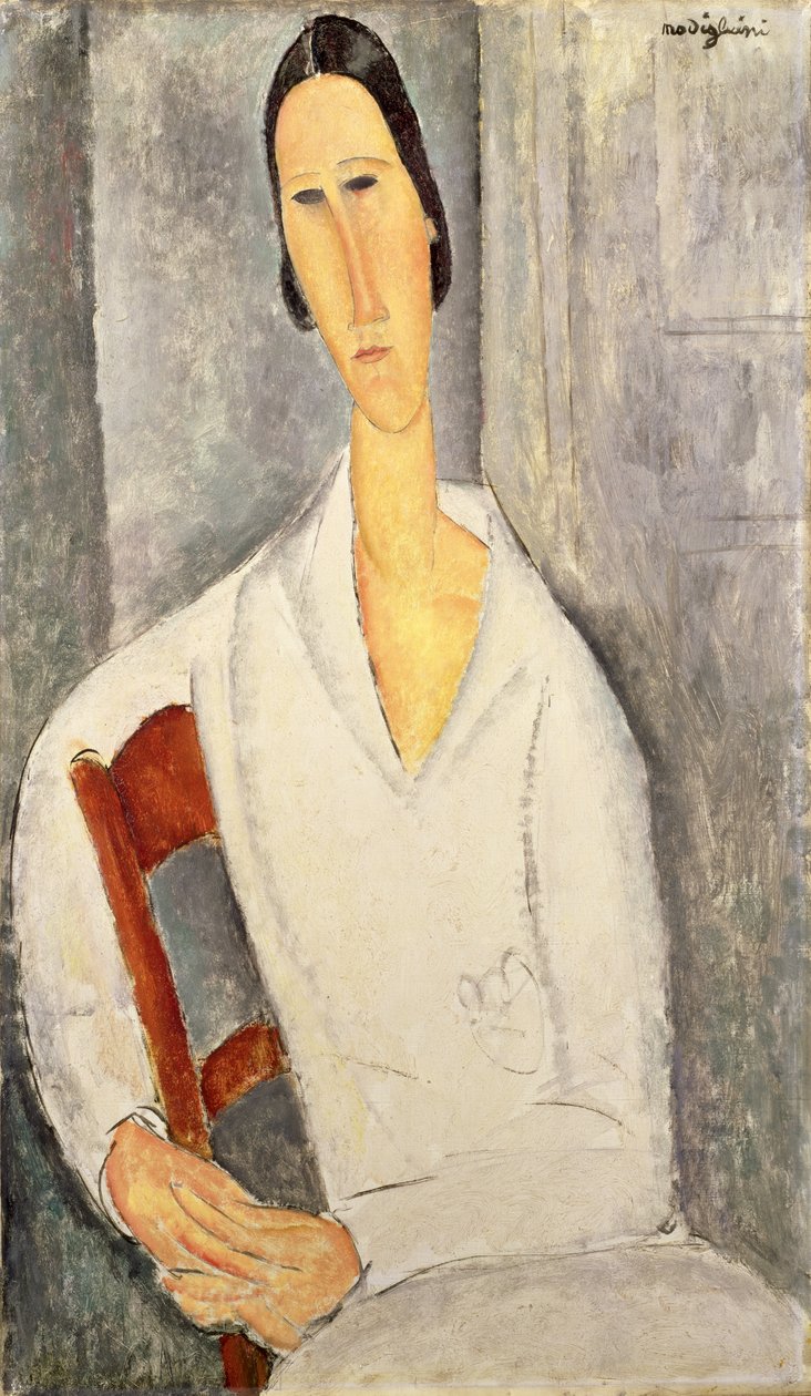 Madame Hanka Zborowska nojaa tuoliin (Madame Hanka Zborowska accoudée à une chaise) 1919 (öljy kankaalle) tekijältä Amedeo Modigliani
