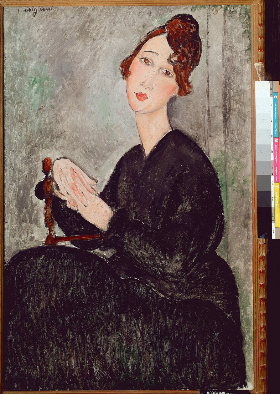Muotokuva Dedie Haydenista (D.H.) Mustaan pukeutuneella naisella on melankolinen ilme. Amedeo Modiglianin (1884-1920) maalaus 1918 Dim. 92x60 cm Pariisi, musee national dart moderne tekijältä Amedeo Modigliani