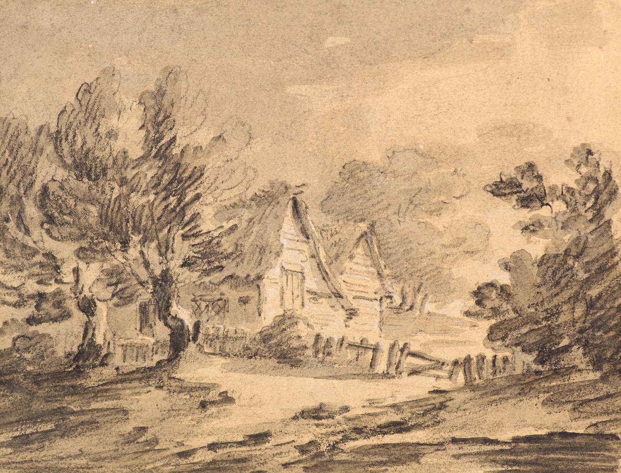 Mökki maisemassa, n. 1805 (liitu, puuhiili ja pesuaine) tekijältä Amelia Long