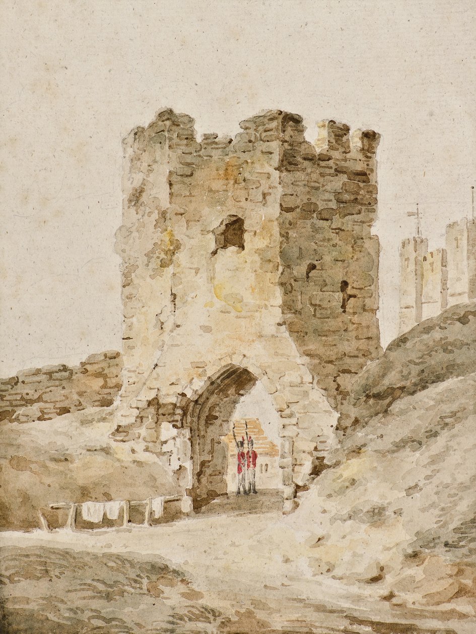 Kaksi sotilasta päivystää Doverin linnassa, n. 1805 (akvarelli) tekijältä Amelia Long
