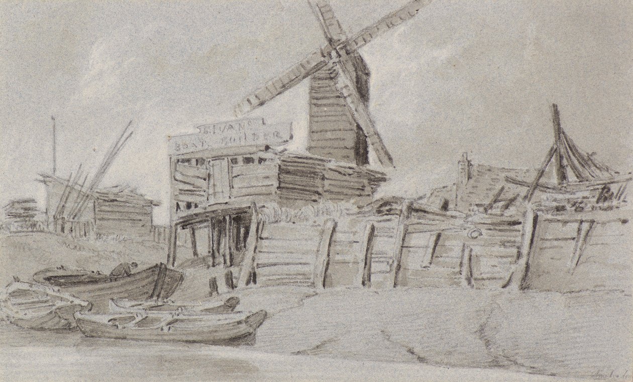 Tuulimylly ja venepiha, n. 1803 (hiili, lyijykynä ja pesuaine) tekijältä Amelia Long