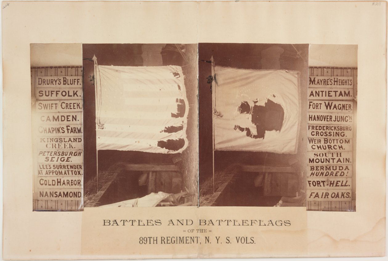 Taistelut ja taisteluliput 89. rykmentistä, N. Y. S. Vols., n. 1870 (seepiakuva) tekijältä American Photographer