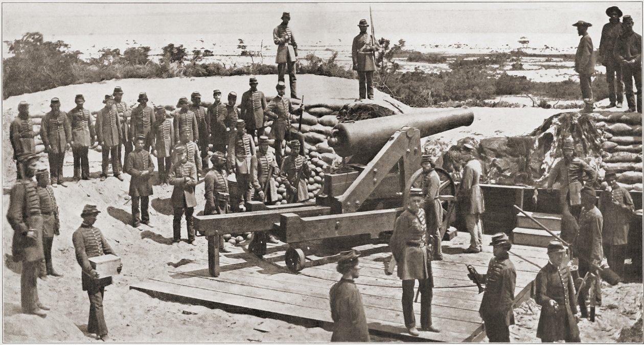 Konfederaation 32 punnan tykki ja miliisin ampujat näkevät sisäänkäynnin Pensacola Baylle Floridassa ennen Yhdysvaltain sisällissotaa, maaliskuu 1861 tekijältä American Photographer