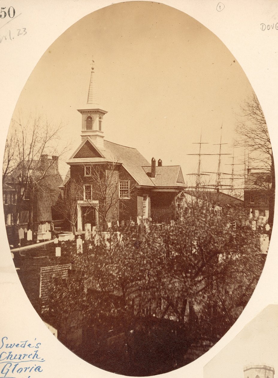 Gloria Dei (vanhat ruotsalaiset) kirkko, Swanson Street lähellä Christiania, Philadelphia, PA, 1854 (suolaprintti) tekijältä American Photographer