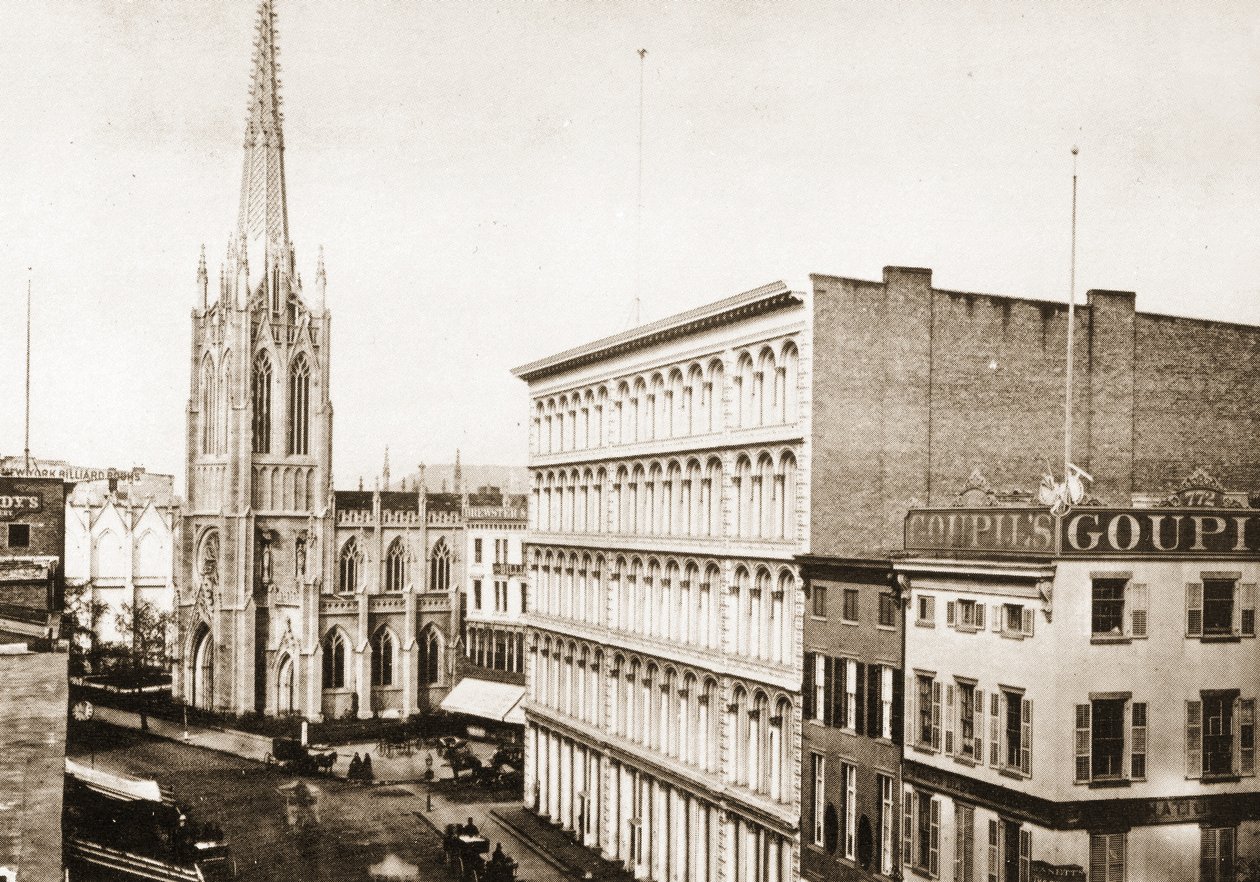 Grace Church ja vanha A. T. Stewart -myymälä Broadwaylla osoitteessa 10th St., New York City, 1868 tekijältä American Photographer