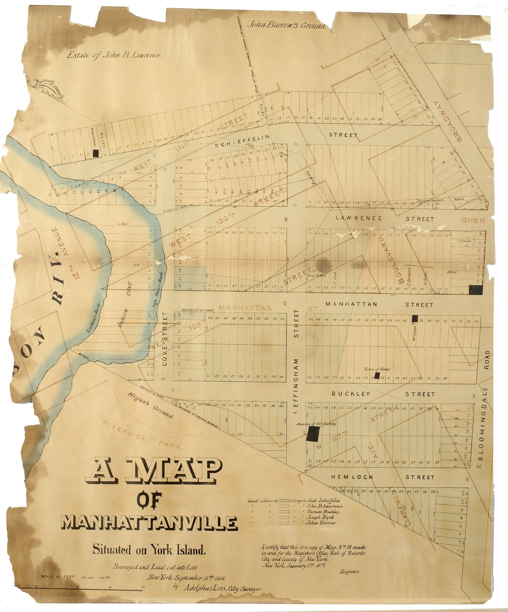 Yorkin saarella sijaitsevan Manhattanvillen kartan Adolphus Loss, 1806, tutki ja jakoi eriin (kynä ja muste (musta ja värillinen), akvarelli paperille; kiinnitetty kankaalle) tekijältä American School